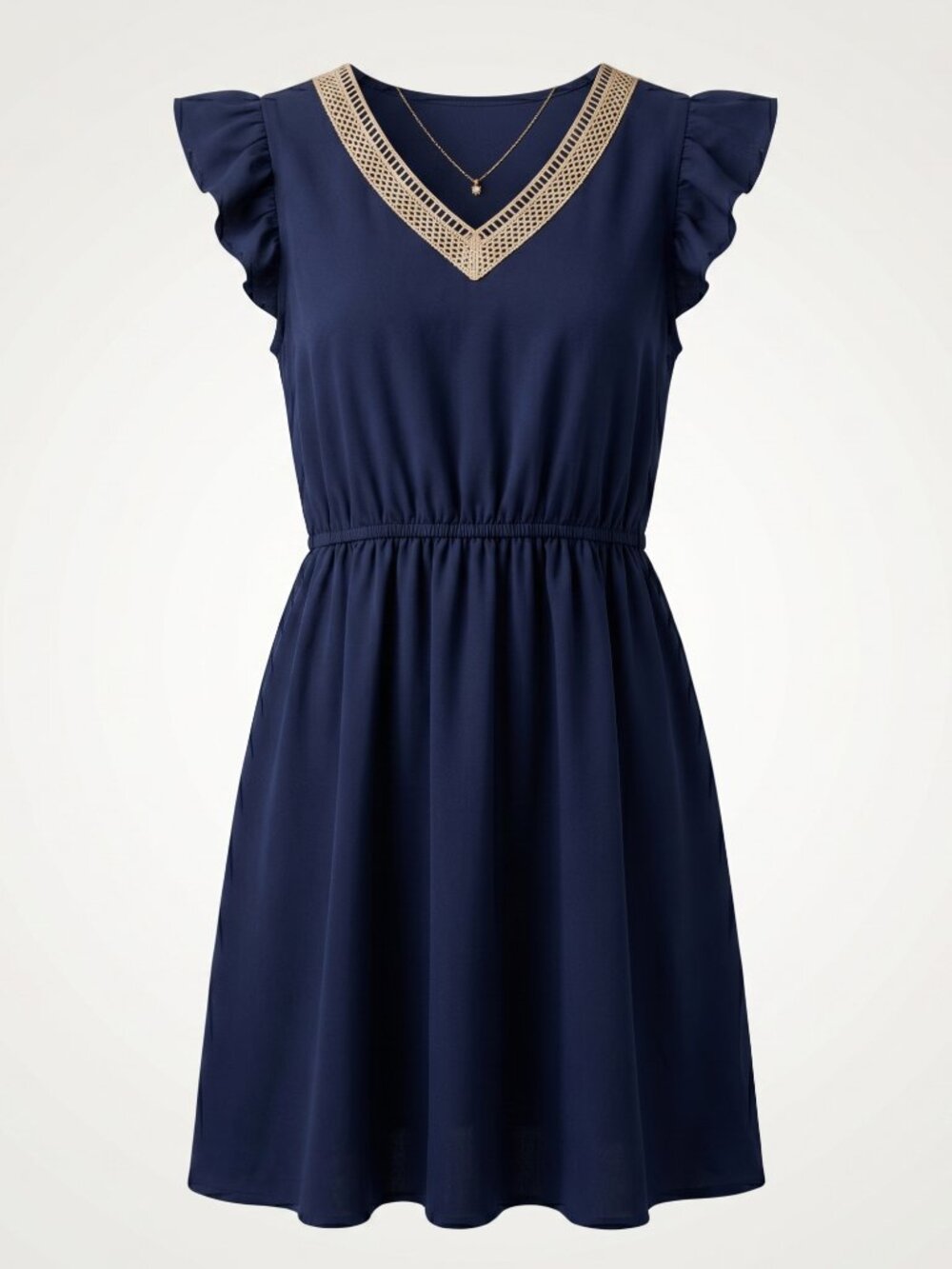 NWOT | Navy Blue Flutter Sleeve Dress | Crochet Lace V-Neck Detail | Size 14